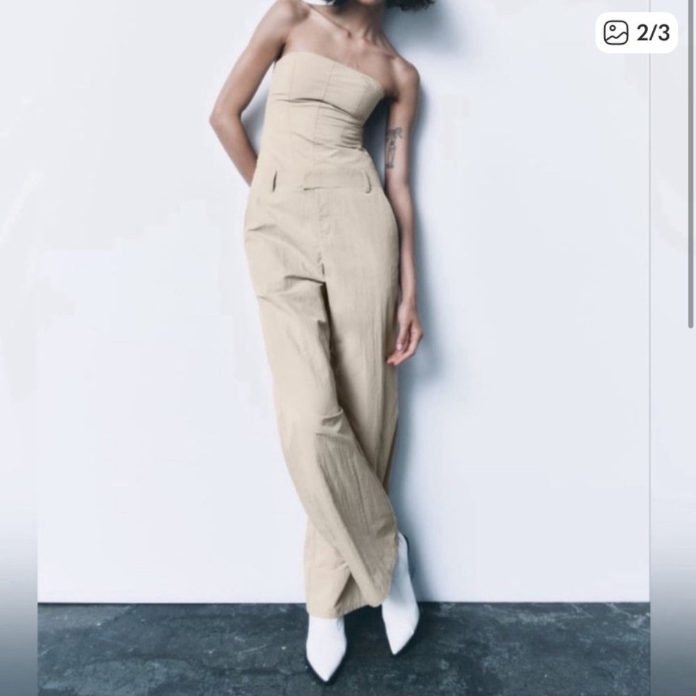 NWT Zara Strapless Wide Leg Cargo Jumpsuit in Off-White - Picture 4 of 16